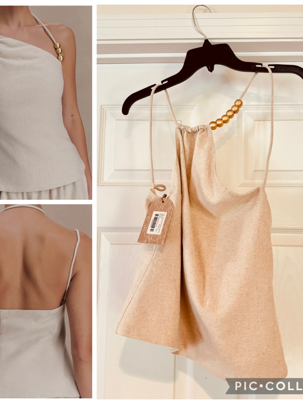 Meshki Beige Beaded One-Shoulder Cami Top